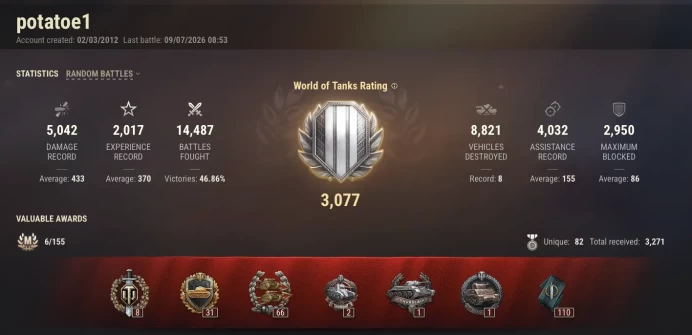  [NA/US]  5 TIER X | 41 PREMIUM TANK | CHANGEABLE PASSWORD | TOTAL TANKS 155 | 14 580 (47%) WINS | 3 263 963 SILVER | 