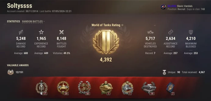 [EU] 5 TIER X | 54 PREMIUM TANK | TOTAL TANKS 151 | 14 739 641 SILVER | 2500 GOLD | 8 152 (49%) WINS | CHANGEABLE PASSWORD | 
