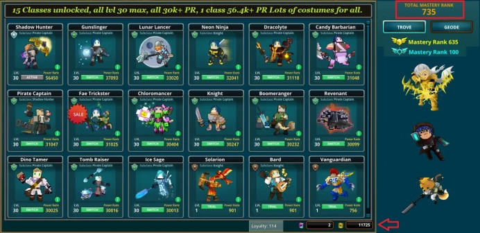 PC Top Trove Acc, 15 classes unlocked, all lvl 30 max, 1 class 56.4k+ PR, Lots of Dragons, Mounts, Wings, Flux + GANDA