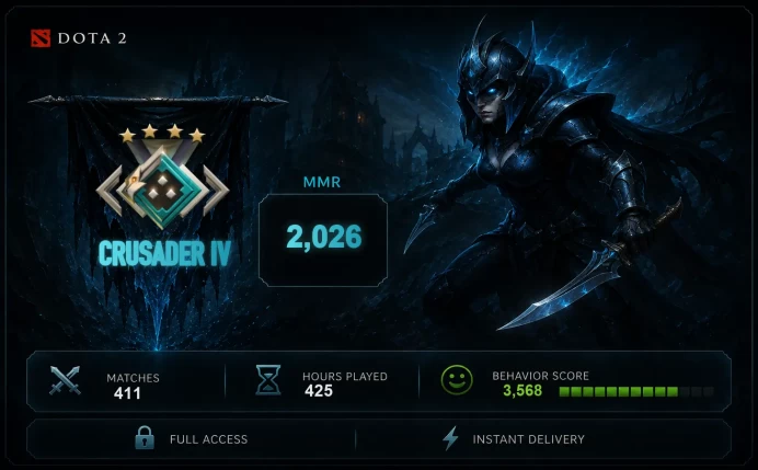 [DOTA2] | Crusader 4 (2026 MMR) | 3568 Behavior Score | 411 MATCHES | 425 HOURS | Full Access | INSTANT DELIVERY