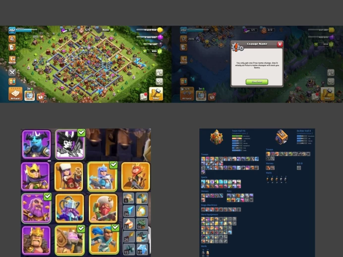 ■TH:16 (75%) (GemValue:$20923)(Defence Max) ■Heroes: K77 Q95 W66 C41 P54 D11 ■EE:10 ■Skins:12 ■BH:8 ■Full Access ■Instant Delivery ■A7337