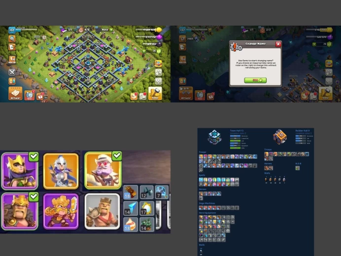 ■TH:13 (92%) (GemValue:$8460)(Defence,Troops,Wall Max) ■Heroes: K54 Q66 W48 C25 P50 ■EE:7 ■Skins:6 ■BH:9 ■Full Access ■Instant Delivery ■A7339