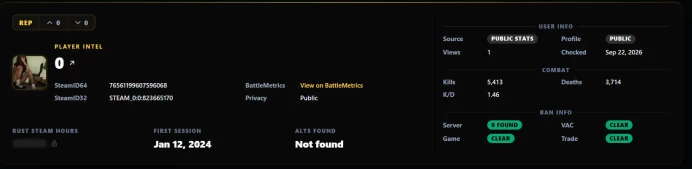 Rust 6168 REAL Hours | 5413 Kills / 3714 Deaths (1.46 K/D) | 35 Twitch Drops| Full access | No 5$ limit | Region Free | Instant delivery 24/7