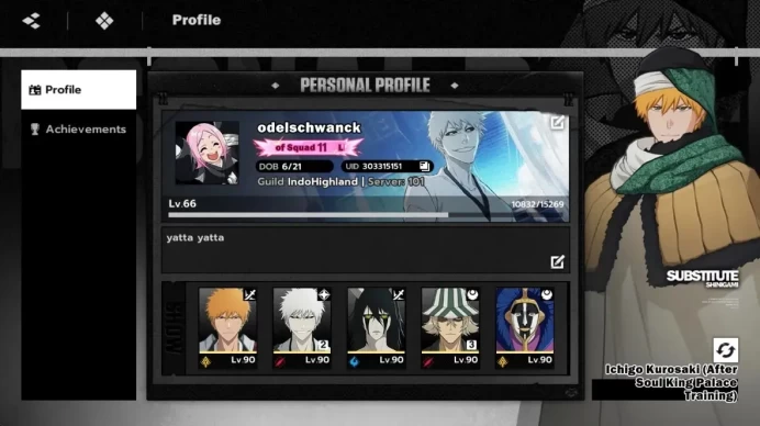 Nuverse SEA|Lv.66|9 SSR + 4 Sign [KisukeB3,IchigoInnerB2,Ulquiorra,IchigoDz,Mayuri,Byakuya]+Stamp|Check SS BSR183B