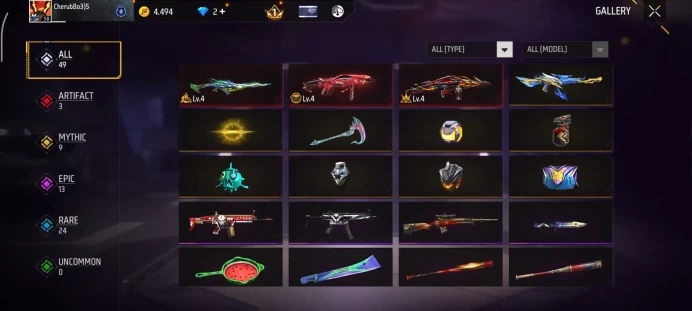 MENA | Premium Level 50 Free Fire Account | 3 Artifact Weapon Skins + 49 Total Skins + Rare Bundles & Exclusive Emotes - code 4644