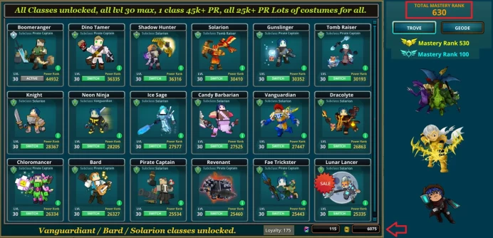 PC Top-Trove Acc, all classes unlocked, all lvl 30 max, 1 class 45k+ PR, Lots of Dragons, Mounts, Wings + Lots of Items & GANDA + Flux