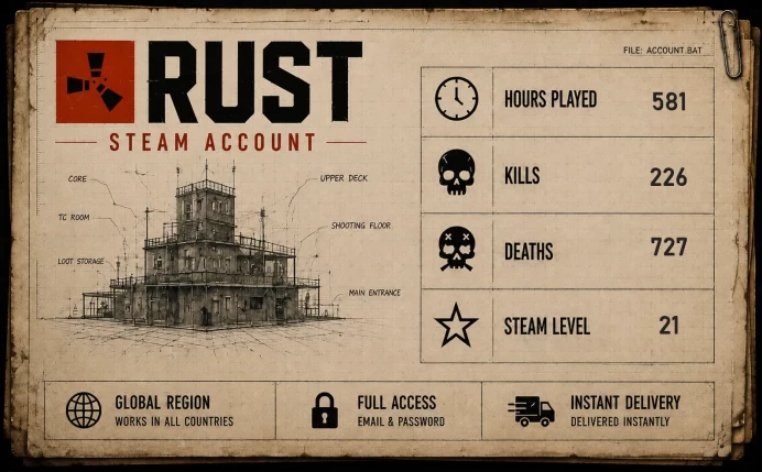 [RUST] | 581 REAL HOURS | 226 KILLS | 727 DEATHS | STEAM LVL 21 | FULL ACCESS | INSTANT DELIVERY