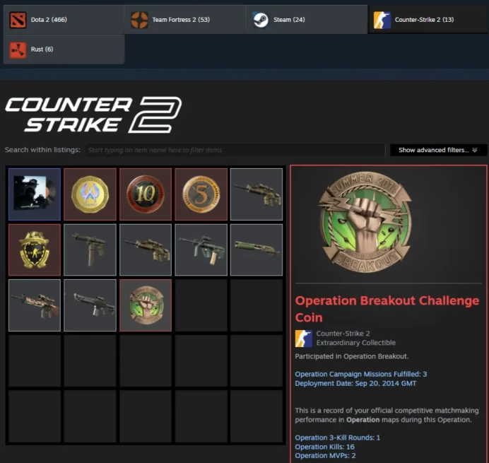 48 Lvl Steam-35Game-CS2 Prime 476 hours+5Medals(Operation Breakout Challenge/10Y/5Y/Loyalty Badge/Global Offensive Badge)-Faceit Ready