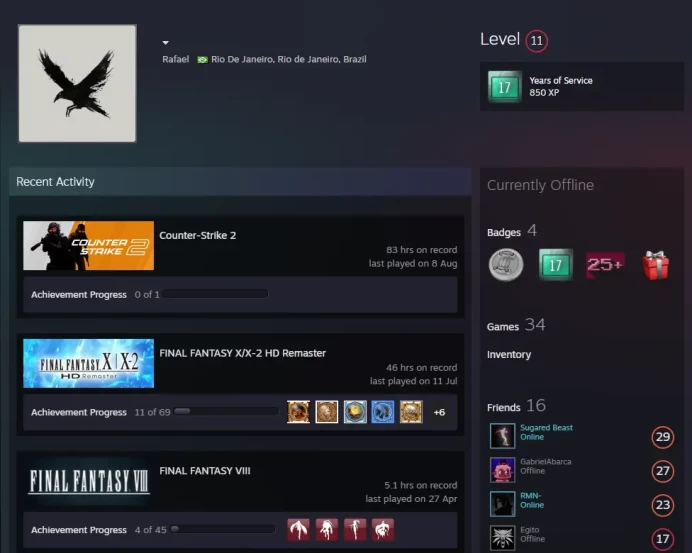 34Game-11 Lvl Steam-CS2 Prime 83 hours+4Medals(10Y/5Y/Loyalty Badge/Global Offensive Badge)-Faceit Ready