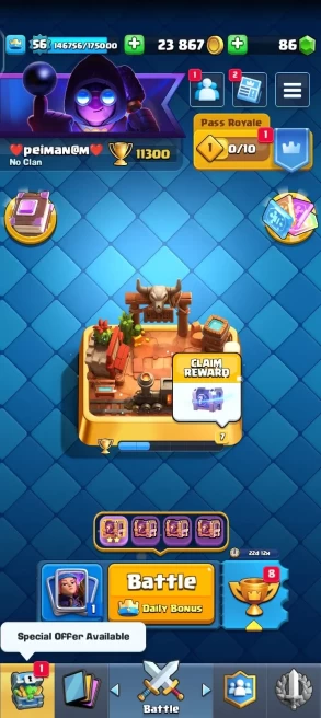 CR1093 // KT 15 / LV 56 / 2 Evolution/56 Lv14/10 Lv15 / 11300 Trophies / 120/121Cards / 150 Gems
