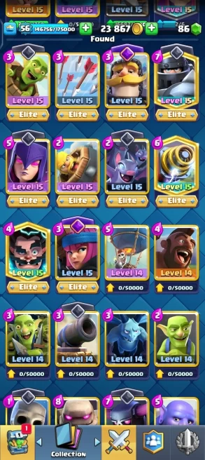 CR1093 // KT 15 / LV 56 / 2 Evolution/56 Lv14/10 Lv15 / 11300 Trophies / 120/121Cards / 150 Gems