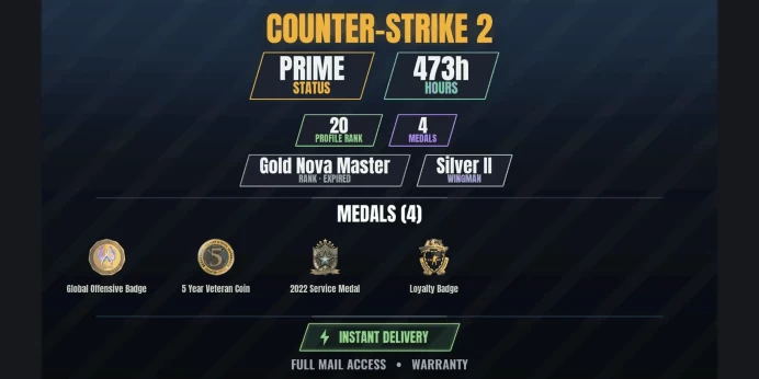 【13 Games】【CS2 Prime Premier✨473h✅4 MEDALS⚡20 LVL】 2022 Service Medal, Loyalty Badge, 5 Year Veteran Coin, Global Offensive Badge | Fall Guys