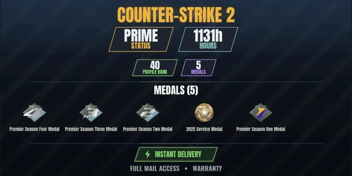 【10 Games】【CS2 Prime Premier⭐1131h✨5 MEDALS✨40 LVL】 2025 Service Medal, Premier Season Four Medal, Premier Season One Medal