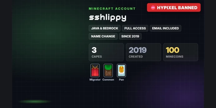 ✨ 3 Capes: Migrator, Common, Pan ✅ Java & Bedrock & Full Access ⛔ Hypixel Banned