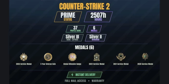 【11 Games】【CS2 Prime Premier⭐2507h✨6 MEDALS✅37 LVL】 2020 Service Medal, 2021 Service Medal, 2022 Service Medal, 2026 Service Medal