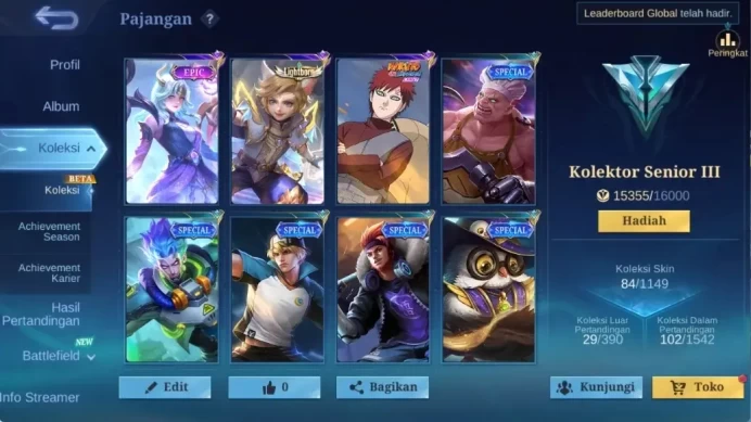 Global|84S|Gaara,Epic Lunox,Lightborn harith,Valentine Carmilla,Special Roger Sun Clint Odette|CheckSS ML3087B