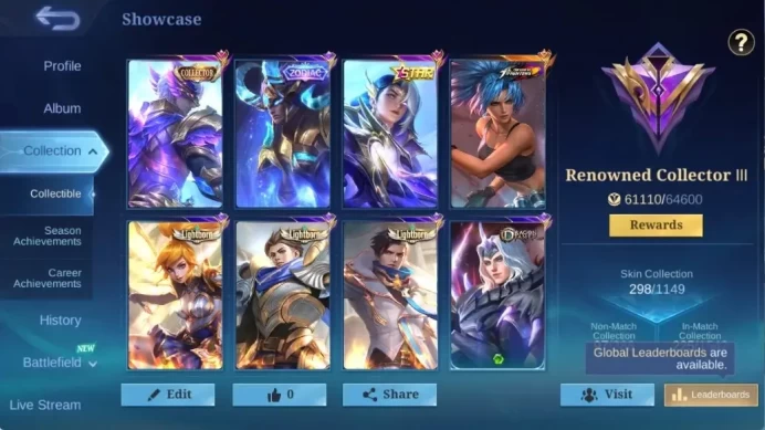 Global|298S|Renowned|CC Gusion,Zodiac Martis,Annual Lesley,KOF Karina,Lightborn Fanny Alucard Granger,etc|CheckSS ML3091B