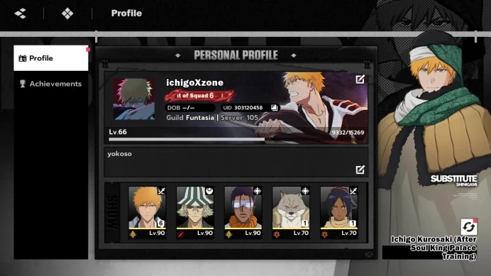 Nuverse SEA |Lv 66|6 SSR 5 Sign (IchigoDZ B6,Byakuya B1,Komamura B1,Yoruichi B1,Tosen,Kisuke)|Log Google|Check SS BSR186B