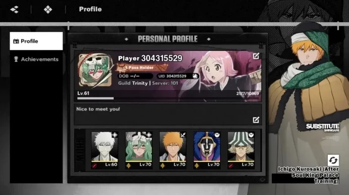 Nuverse SEA |Lv 61|9 SSR 5 Sign (Byakuya,Yoruichi,Tosen,Komamura,Kisuke,Mayuri,Nalliel,IchigoIH,DZ)|Log Google|Check SS BSR187B