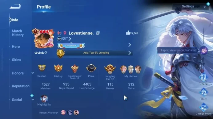 Hero 113 Skin 312|5 Precious(Allain,Jing,Zhang Fei,Etc),2 Mythic(Diaochan,Kongmin),2 Lny24,2 Lny25,1 Lny26,Etc|Infinite|HOK2134