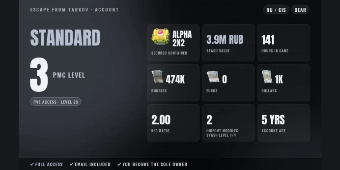 Standard | RU/CIS ✨ LVL 3 ✅ Alpha 2x2 ⚡ PvE LVL 23 ⭐ 141h ✨ Stash 3.9M RUB ✅ 474K RUB + 1K USD ⚡ Full Access