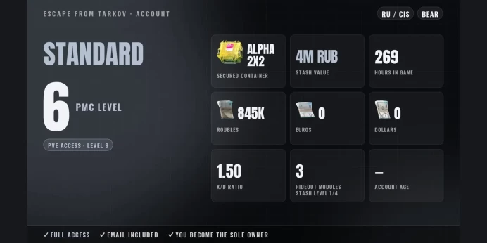 Standard | RU/CIS ⚡ LVL 6 ⭐ Alpha 2x2 ✨ PvE LVL 8 ✅ 269h ⚡ Stash 4M RUB ⭐ 845K RUB ✨ Full Access