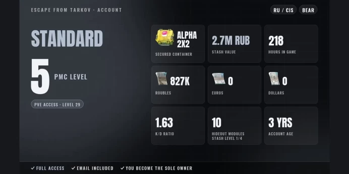 Standard | RU/CIS ⭐ LVL 5 ✨ Alpha 2x2 ✅ PvE LVL 29 ⚡ 218h ⭐ Stash 2.7M RUB ✨ 827K RUB ✅ Full Access