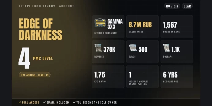 EOD | RU/CIS ✅ LVL 4 ⚡ Gamma 3x3 ⭐ PvE LVL 19 ✨ 1567h ✅ Stash 8.7M RUB ⚡ 378K RUB + 500 EUR + 1.1K USD ⭐ Full Access