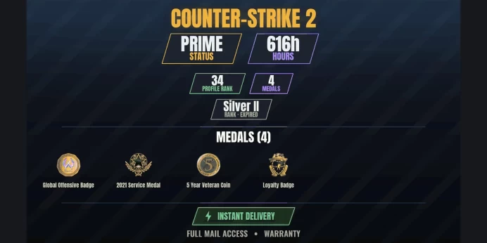 【8 Games】【CS2 Prime Premier✨616h✅4 MEDALS✨34 LVL】 2021 Service Medal, Loyalty Badge, 5 Year Veteran Coin, Global Offensive Badge