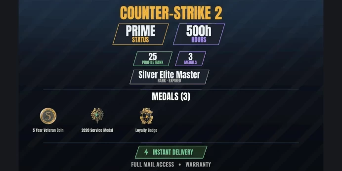 【16 Games】【CS2 Prime Premier✨500h✅3 MEDALS⚡25 LVL】 2020 Service Medal, Loyalty Badge, 5 Year Veteran Coin | Mount & Blade II: Bannerlord