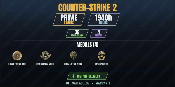 【7 Games】【CS2 Prime Premier⭐1940h✨4 MEDALS✅36 LVL】 2020 Service Medal, 2021 Service Medal, Loyalty Badge, 5 Year Veteran Coin | Paladins