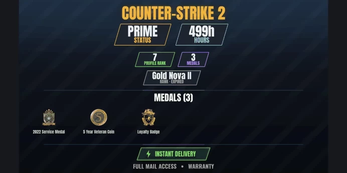 【1 Game】【CS2 Prime Premier✨499h✅3 MEDALS✨7 LVL】 2022 Service Medal, Loyalty Badge, 5 Year Veteran Coin