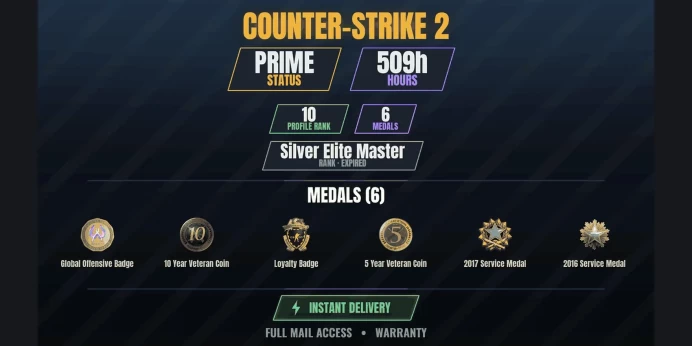 【2 Games】【CS2 Prime Premier✅509h⚡6 MEDALS⭐10 LVL】 10 Year Veteran Coin, 2016 Service Medal, 2017 Service Medal, Loyalty Badge
