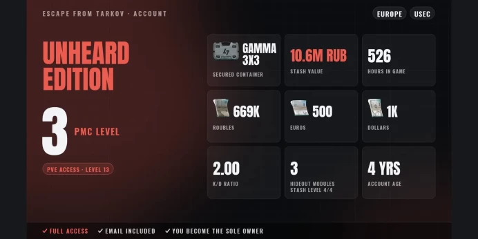 Unheard Edition | EU ✨ LVL 3 ✅ Gamma 3x3 ⚡ PvE LVL 13 ⭐ 526h ✨ Stash 10.6M RUB ✅ 669K RUB + 500 EUR + 1K USD ⚡ Full Access