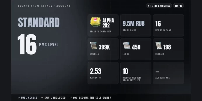 Standard | NA ⭐ LVL 16 ✨ Alpha 2x2 ✅ 16h ⚡ Stash 9.5M RUB ⭐ 399K RUB + 450 EUR + 198 USD ✨ Full Access