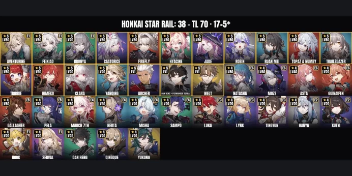 [ALL DEVICES] [Asia] TL 70 ✨ 38 Characters ⭐ 17 5-Star ✨ Aventurine ✅ Feixiao ⚡ Ruan Mei ⭐ Castorice ✨ Tribbie ✅ Jade ⚡ Firefly ⭐ Robin