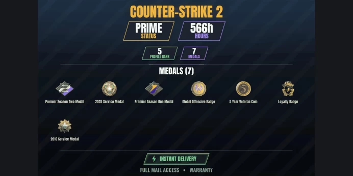 【4 Games】【CS2 Prime Premier⚡566h⭐7 MEDALS✨5 LVL】 2016 Service Medal, 2025 Service Medal, Premier Season One Medal, Premier Season Two Medal
