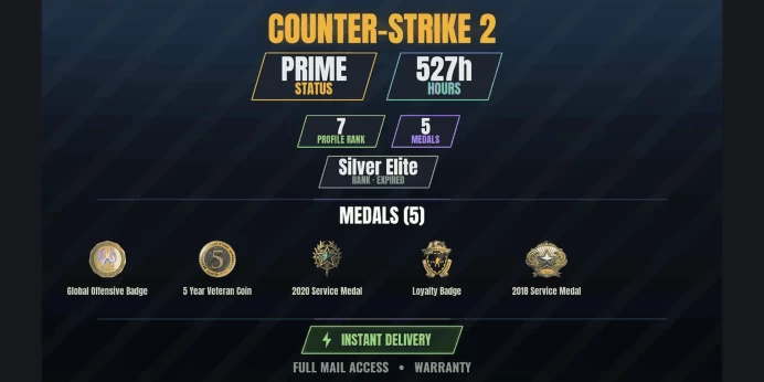 【39 Games】【CS2 Prime Premier✅527h⚡5 MEDALS⭐7 LVL】 2018 Service Medal, 2020 Service Medal, Loyalty Badge, 5 Year Veteran Coin | Ring of Elysium
