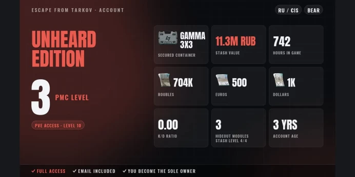 Unheard Edition | RU/CIS ⚡ LVL 3 ⭐ Gamma 3x3 ✨ PvE LVL 10 ✅ 742h ⚡ Stash 11.3M RUB ⭐ 704K RUB + 500 EUR + 1K USD ✨ Full Access
