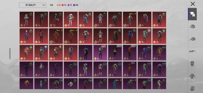 PUBG Mobile Account | Level 76 | 206 Outfits | 159 Headgears | 53 Collectors | 13 Upgraded Weapons | Code 5092