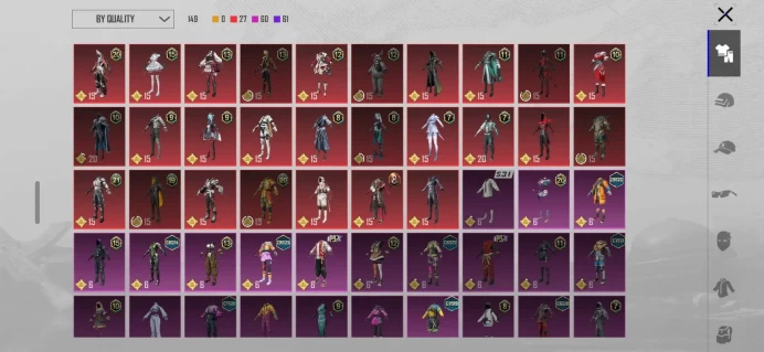 PUBG Mobile Account | Level 72 | 149 Outfits | 97 Headgears | 48 Collectors | 11 Upgraded Weapons | Code 5128