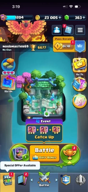 CR1415 // 6.6K / / , 1204 LEVEL , deck with sparky, 317K coins, 5 evolutions, 21 emotes,