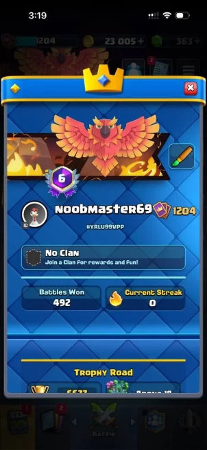 CR1415 // 6.6K / / , 1204 LEVEL , deck with sparky, 317K coins, 5 evolutions, 21 emotes,
