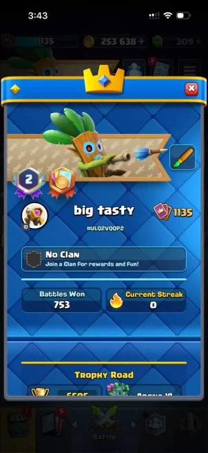 CR1417 // 6.5K / / , 1135 LEVEL , deck with firecracker, 253K coins, 2 evolutions, 17 emotes,