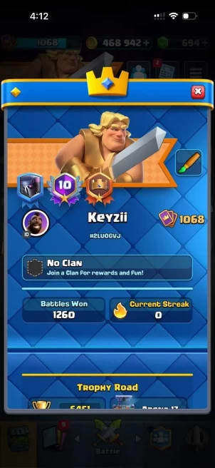 CR1418 // 6.4K Trophies 1068 LEVEL deck with pekka 694 gems 468K coins 21 emotes