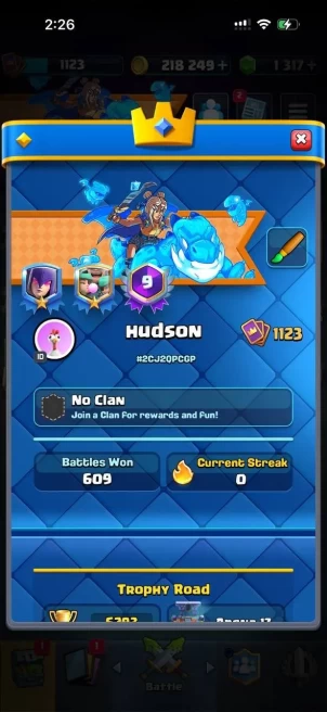 CR1420 // 6.2K Trophies 1123 LEVEL deck with witch 5 evolutions 218K coins 13 emotes