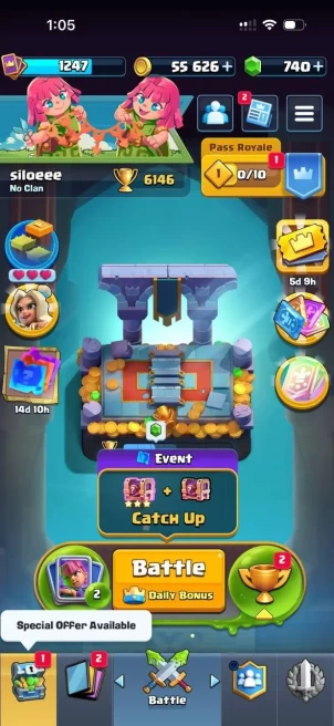 CR1421 // 6.1K Trophies 1247 LEVEL deck with princess 3 evolutions 740 gems 22 emotes