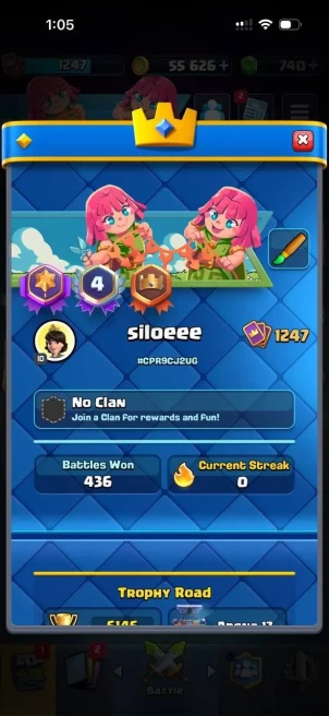 CR1421 // 6.1K Trophies 1247 LEVEL deck with princess 3 evolutions 740 gems 22 emotes