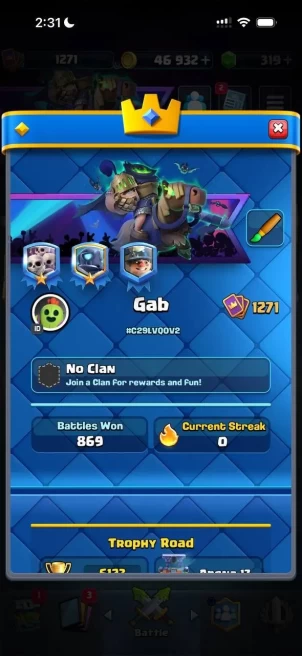 CR1422 // 6.1K Trophies 1271 LEVEL deck with mini pekka 4 evolutions + 1 champion 22 emotes