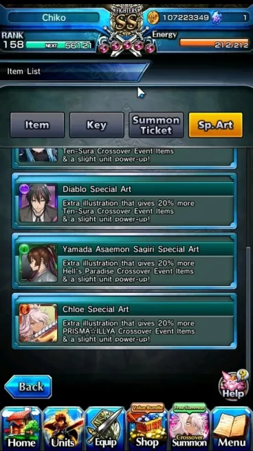Global|Rank 158|6 SP.Art|26 Ascend +37 TW (UP Roy,H Inumuta,Chloe,DL Rimuru,Reimu H,Stark,Rem,Emilia)+TW|Lpot 411+41 RGB|GS3149